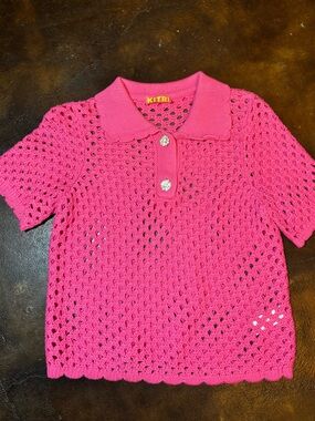 Kitri Aida Crochet Polo Top - Vibrant Pink Size XS